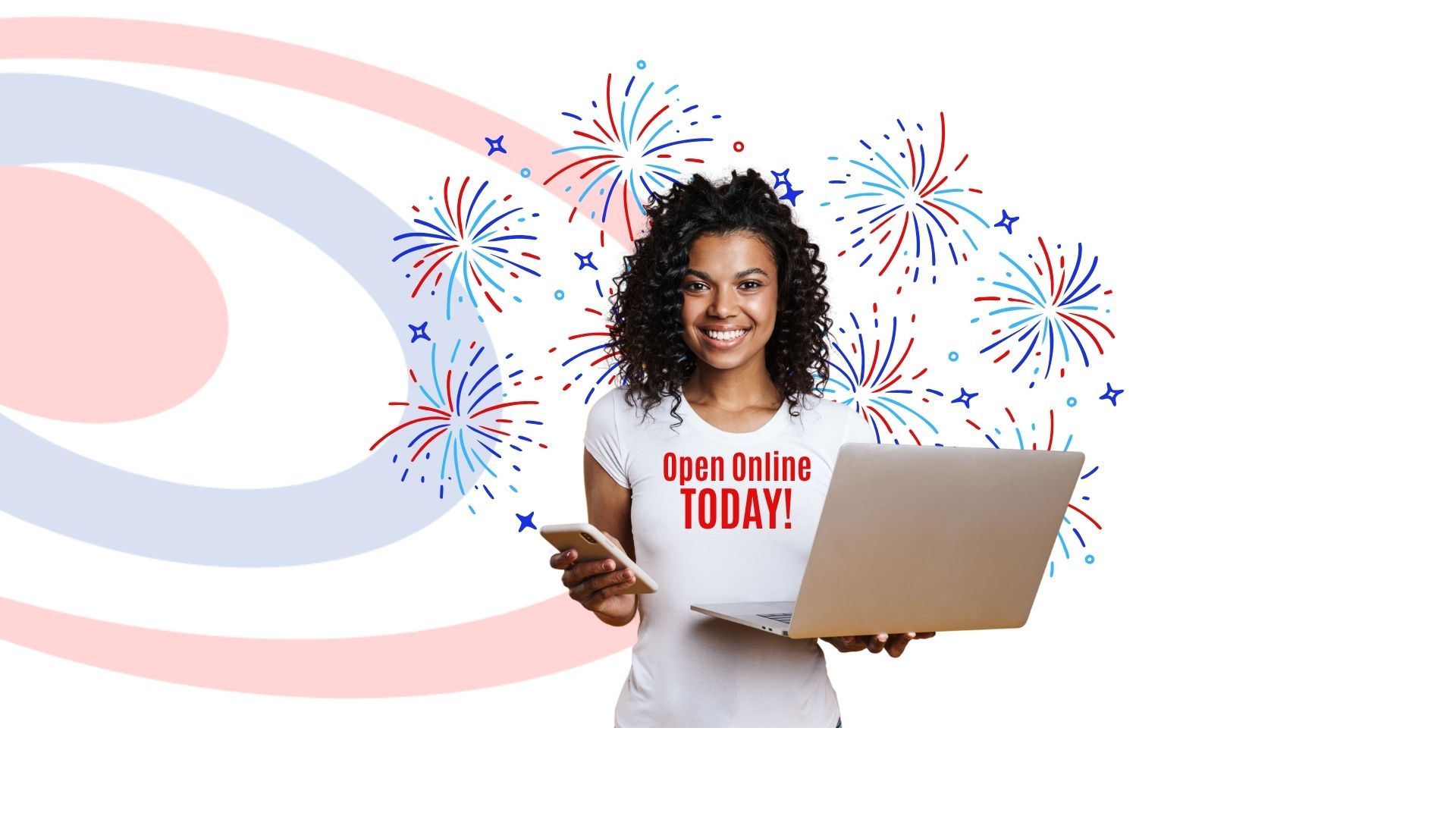Woman smiling while holding a laptop and cellphone
