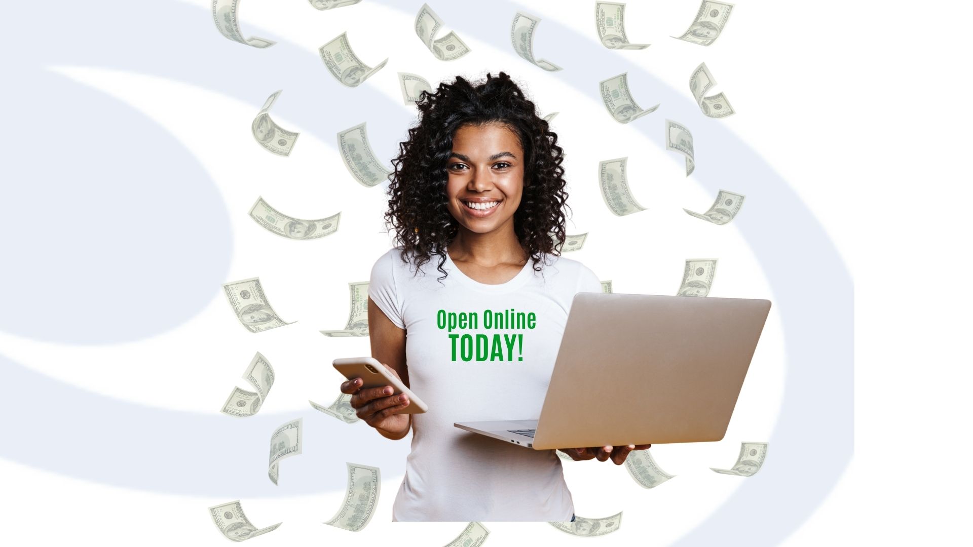 Woman smiling while holding a laptop and cellphone